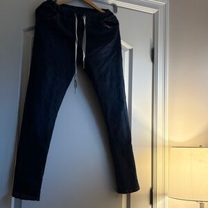 Italian made drawstring skinny jeans.